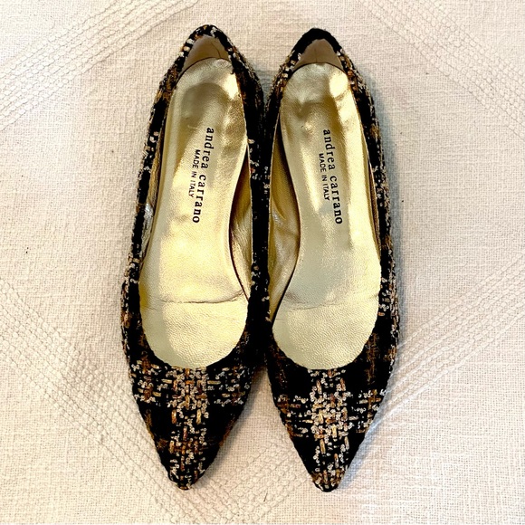 Andrea Carrano Jaky Lauren Black & Gold Wool Plaid Flats US9 EU39 - Picture 4 of 14